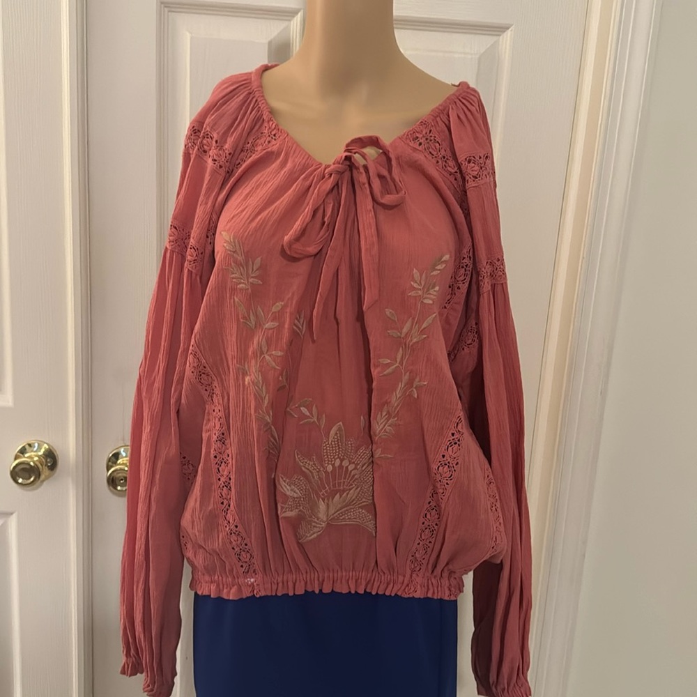Free People Athena Orange Embroidered Lace Details Bohemian Top Size Medium